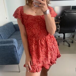 Tiare Hawaii Off The Shoulder Smocked Mini Dress Red White Size Small Medium